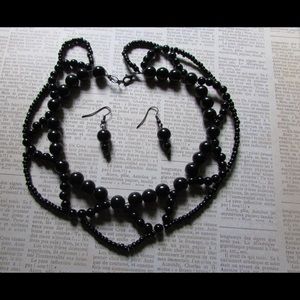 Beautiful black beaded necklace and earring set